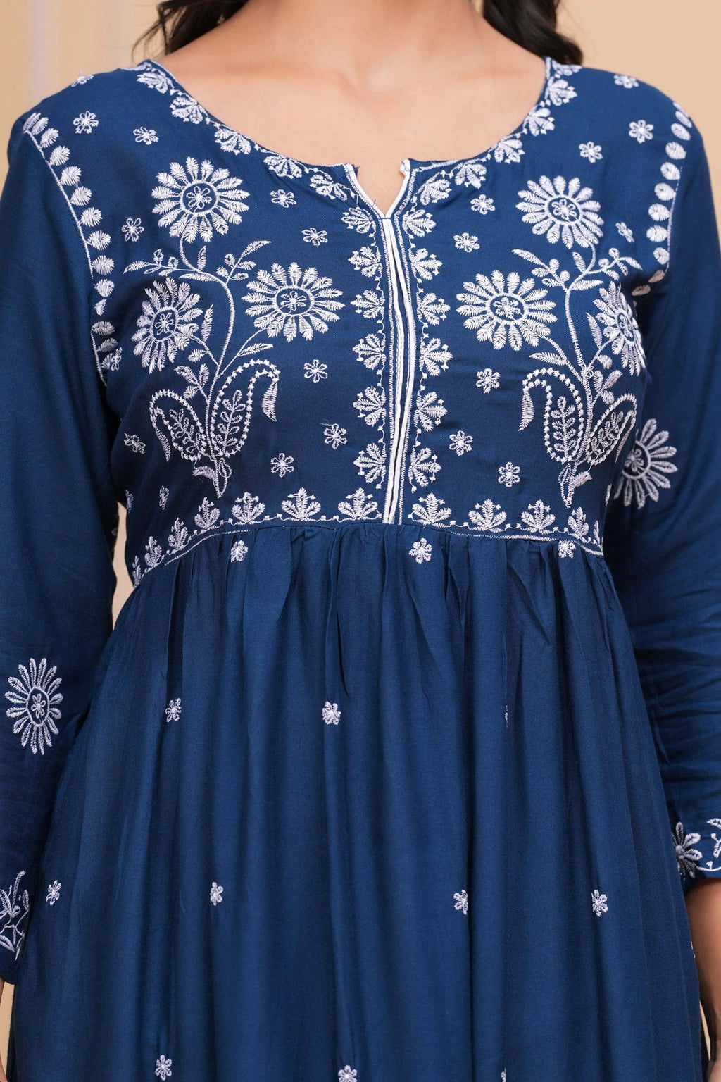 Embroidered Cotton Anarkali Kurta Set - Floral Motif Indigo