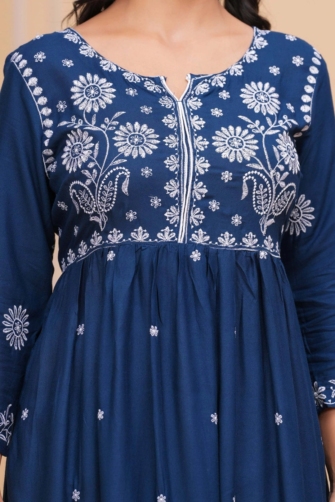 Embroidered Cotton Anarkali Kurta Set - Floral Motif Indigo