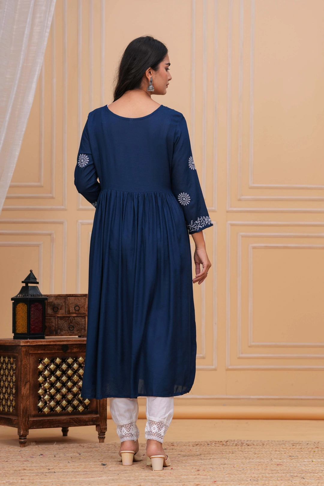 Embroidered Cotton Anarkali Kurta Set - Floral Motif Indigo