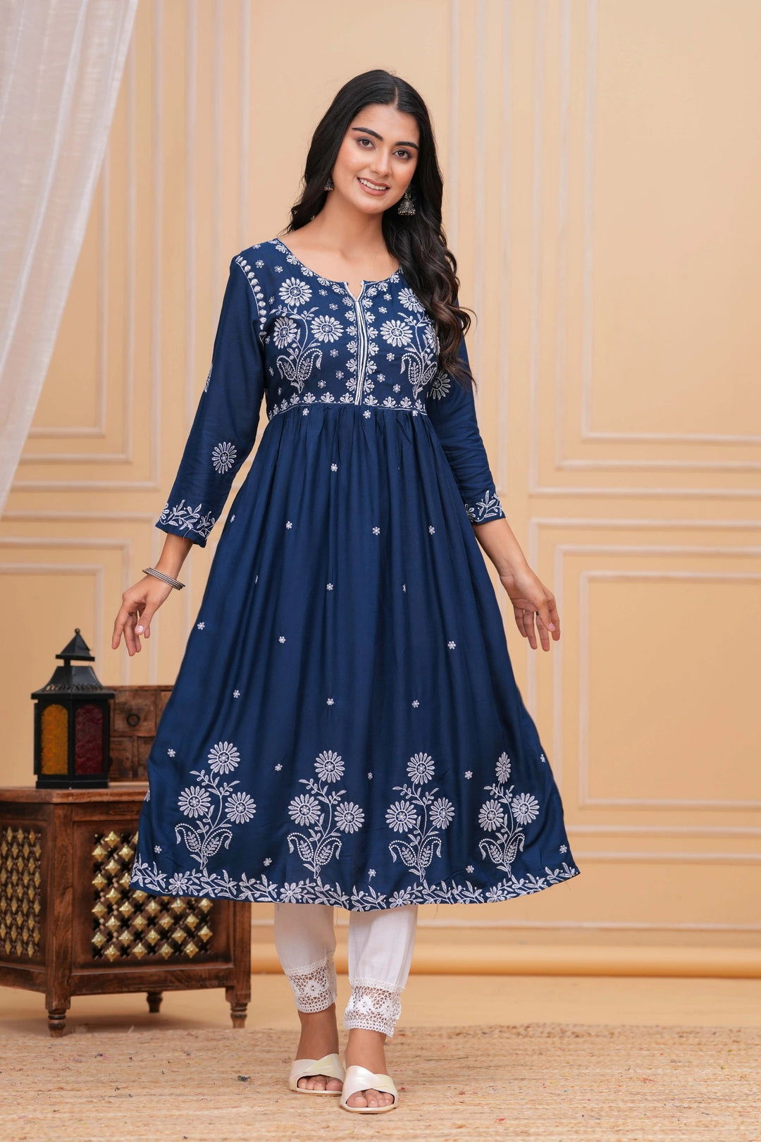 Embroidered Cotton Anarkali Kurta Set - Floral Motif Indigo