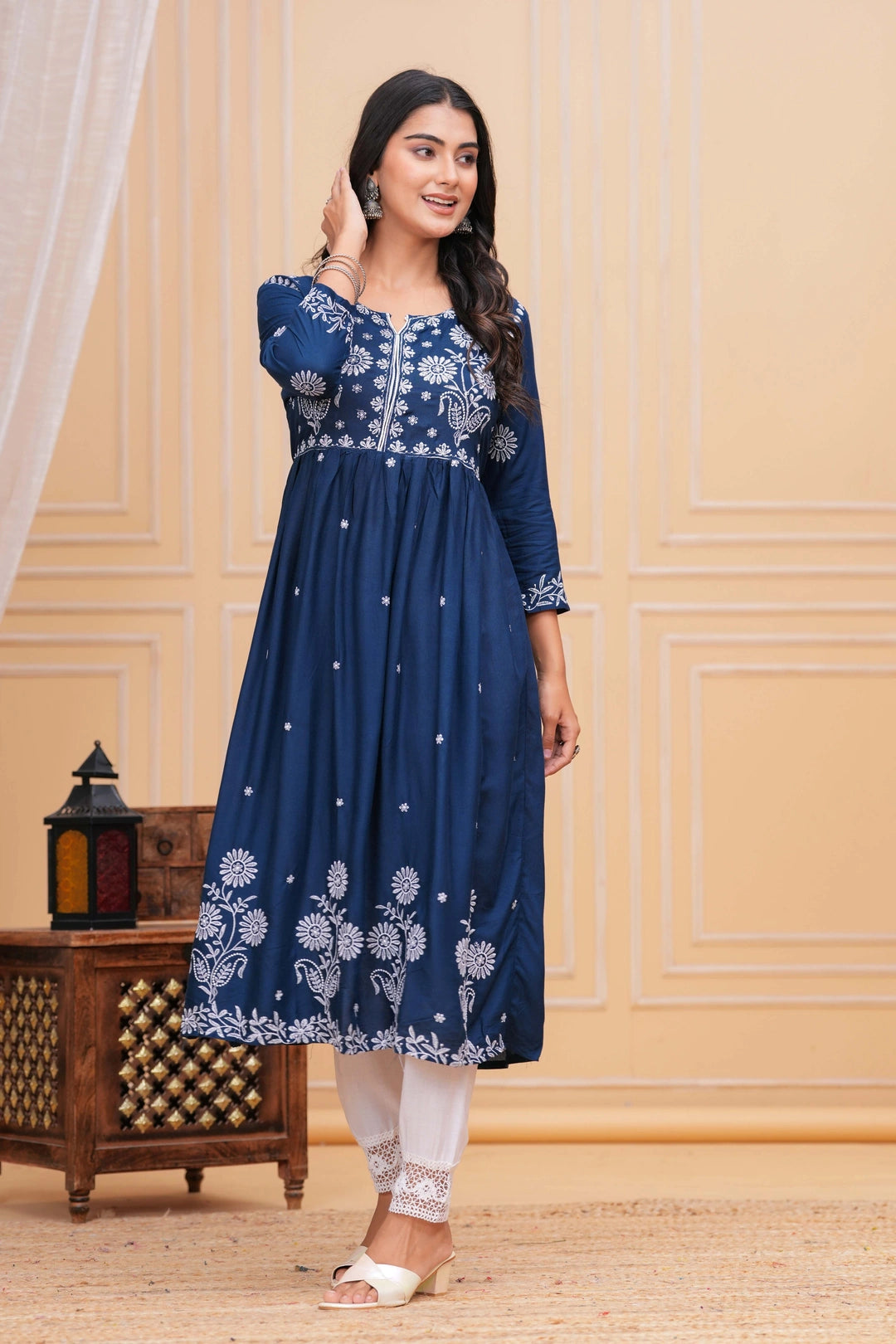 Embroidered Cotton Anarkali Kurta Set - Floral Motif Indigo
