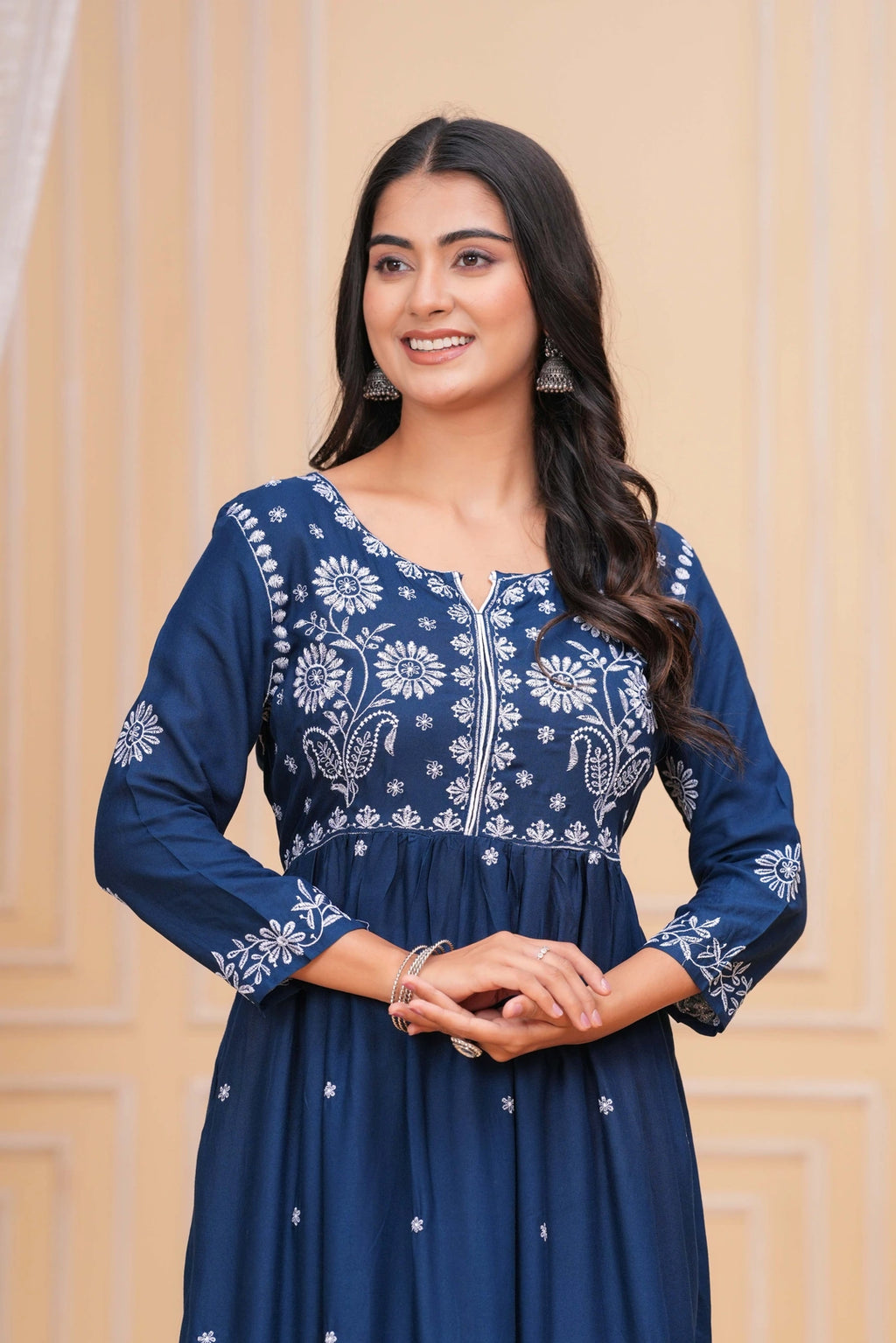 Embroidered Cotton Anarkali Kurta Set - Floral Motif Indigo