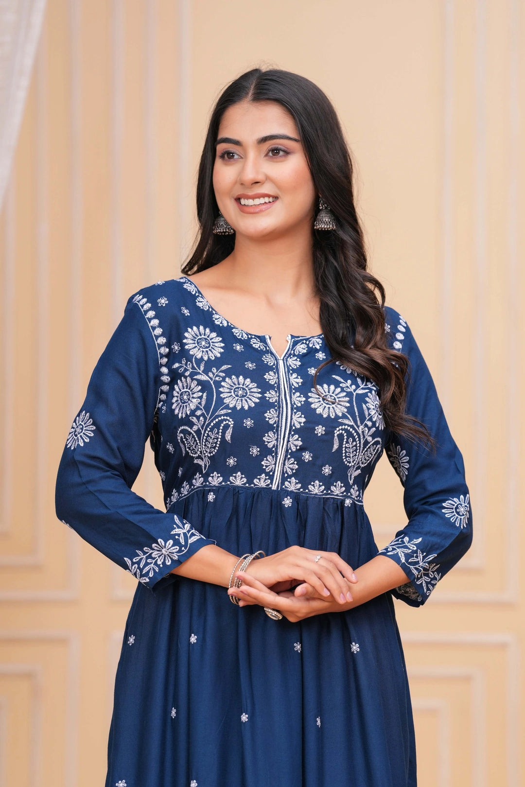 Embroidered Cotton Anarkali Kurta Set - Floral Motif Indigo