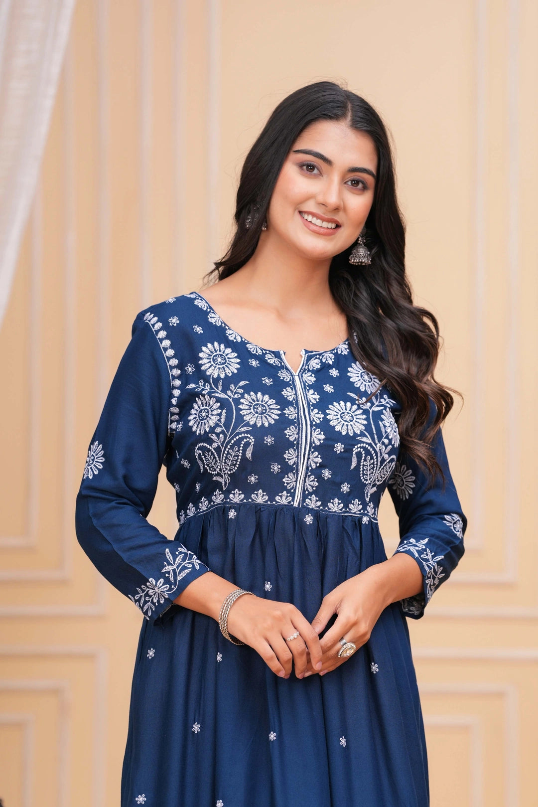 Embroidered Cotton Anarkali Kurta Set - Floral Motif Indigo