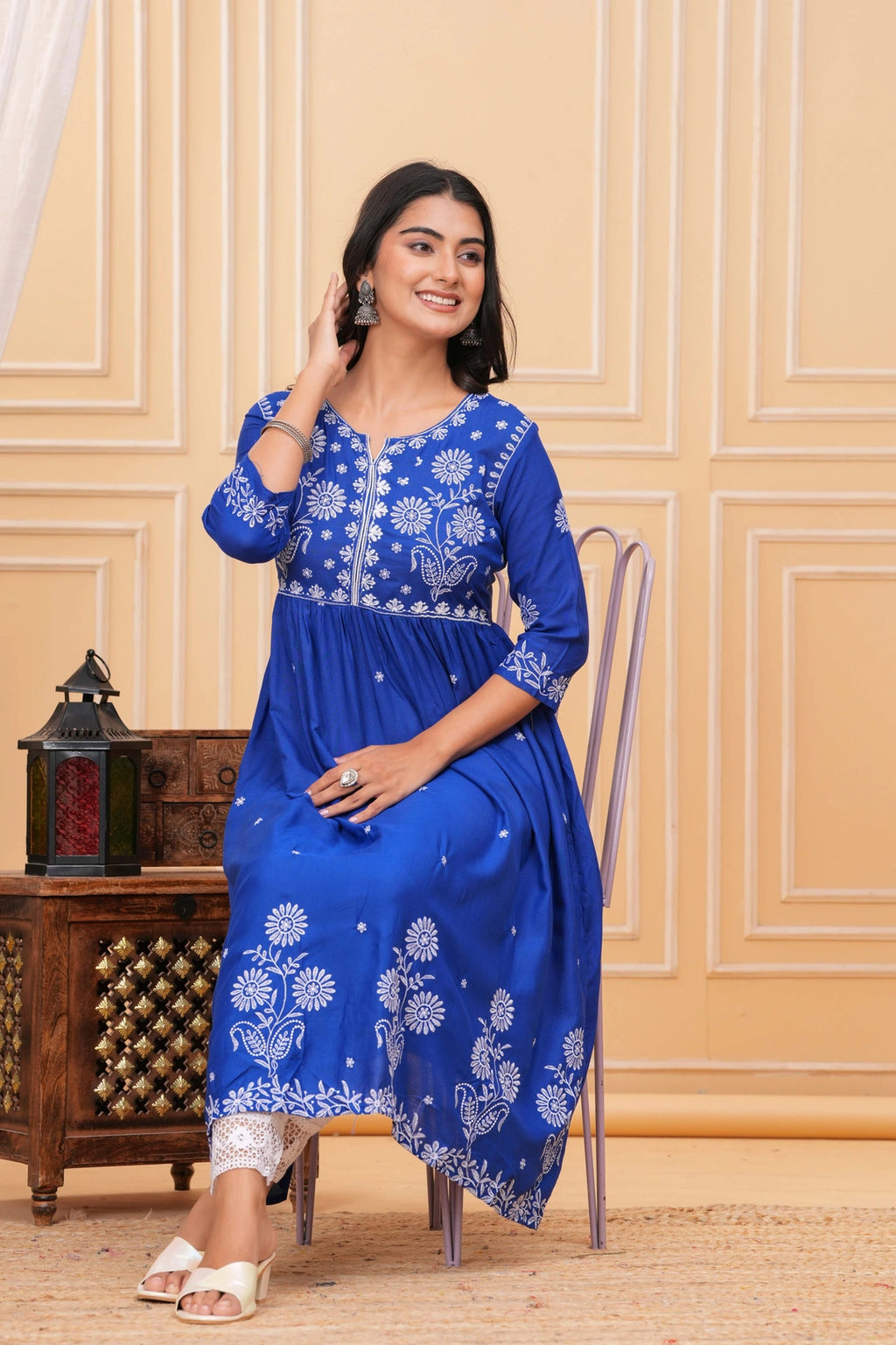 Embroidered Cotton Suit Set - Royal Blue with White Floral Work