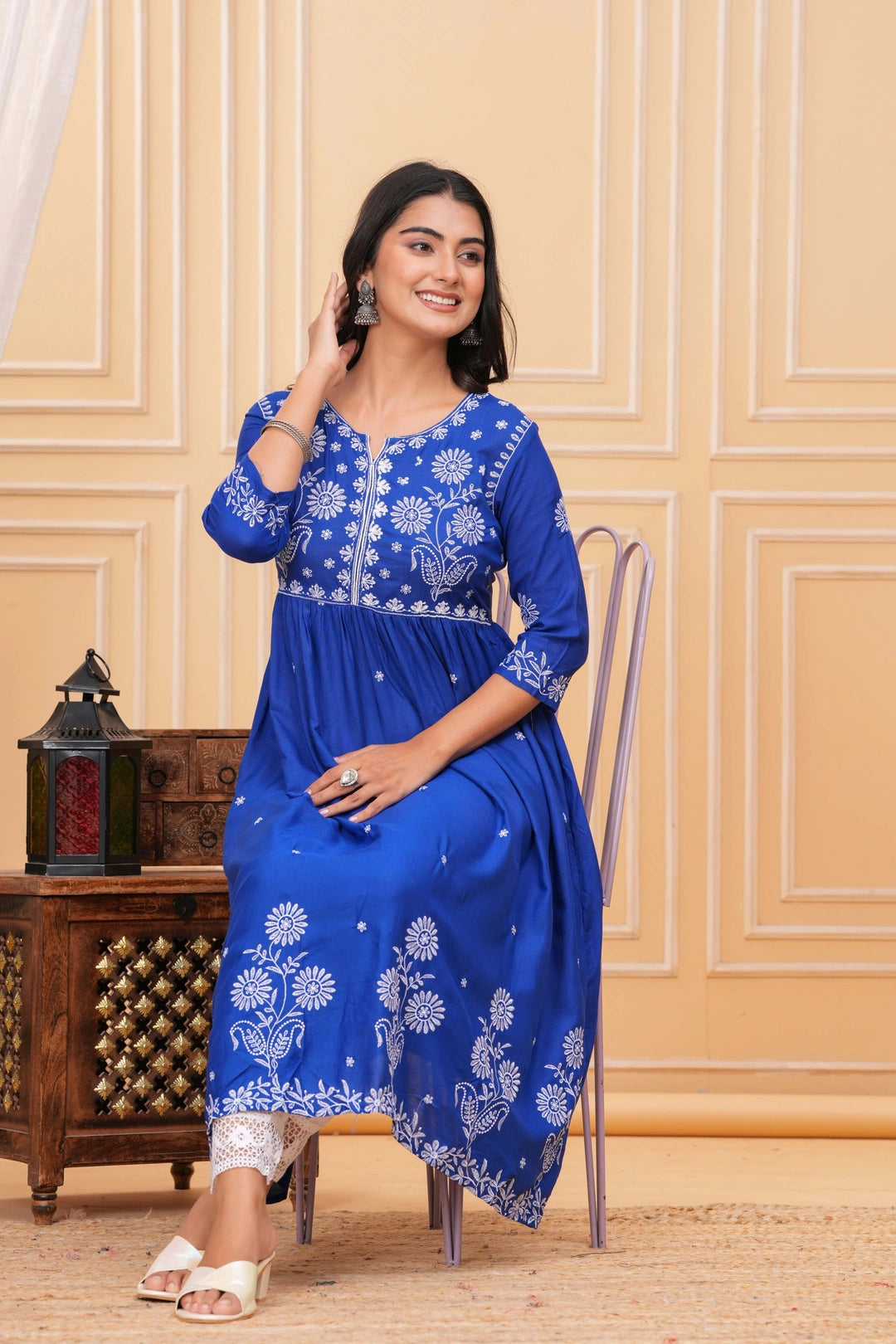 Embroidered Cotton Suit Set - Royal Blue with White Floral Work
