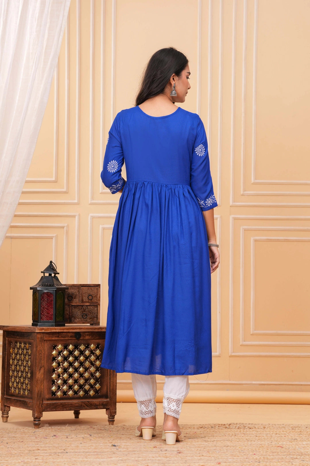 Embroidered Cotton Suit Set - Royal Blue with White Floral Work