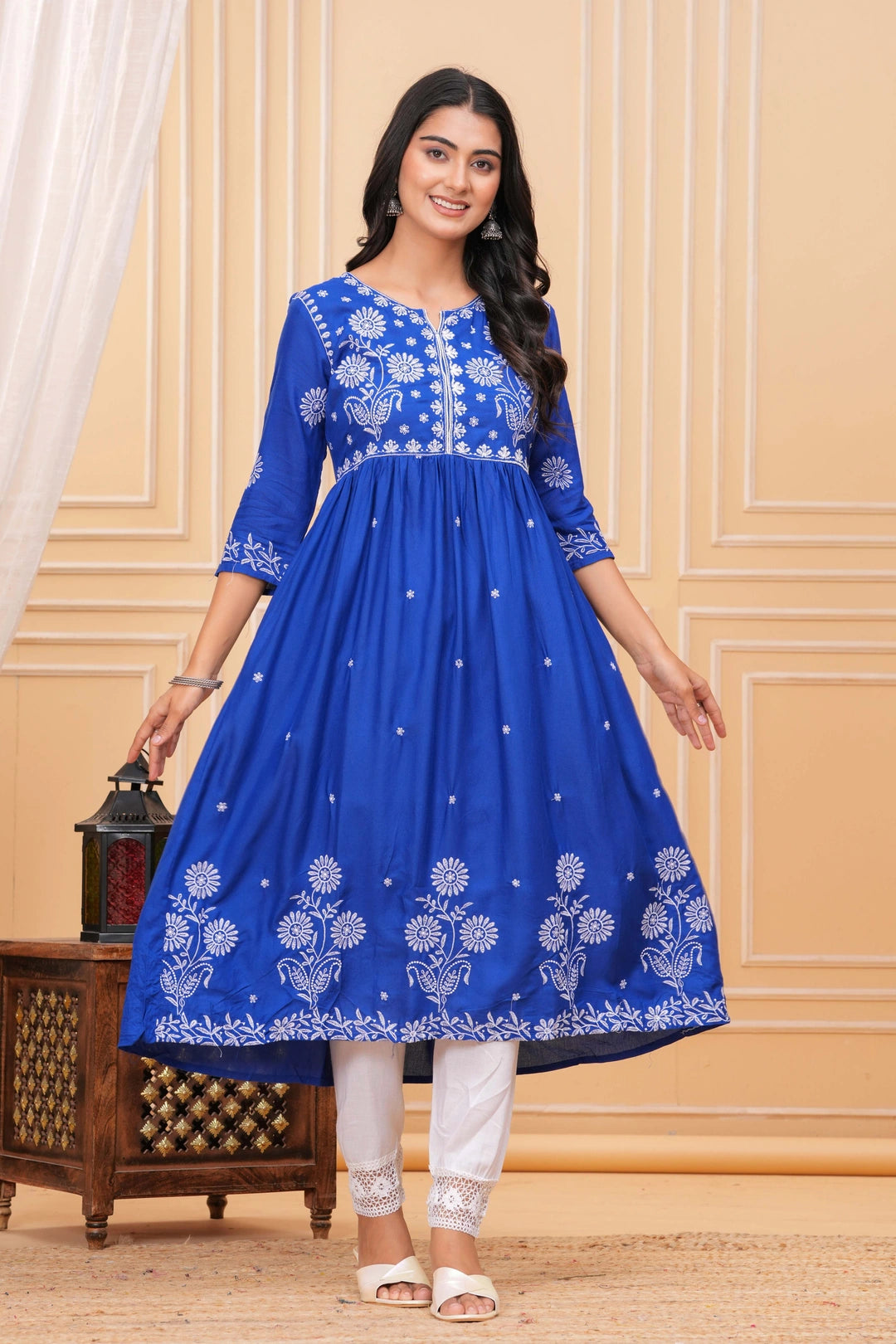Embroidered Cotton Suit Set - Royal Blue with White Floral Work