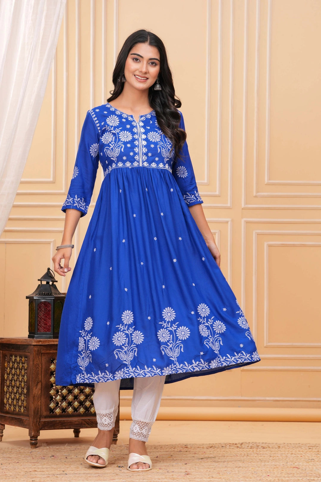 Embroidered Cotton Suit Set - Royal Blue with White Floral Work