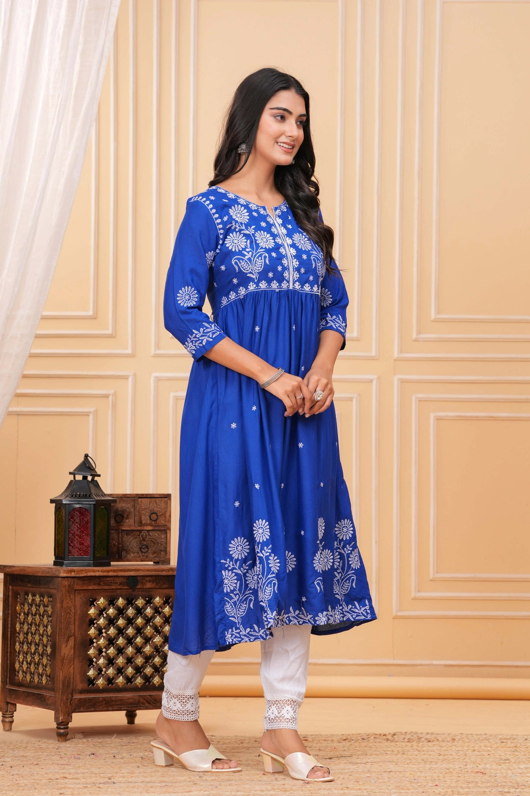 Embroidered Cotton Suit Set - Royal Blue with White Floral Work