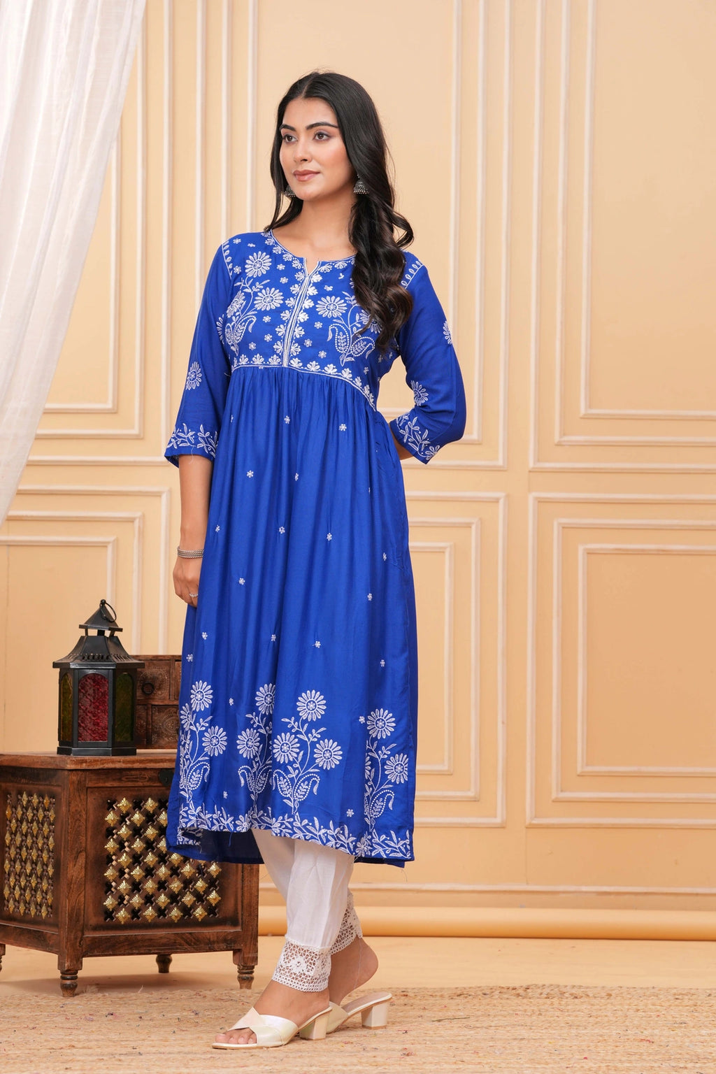 Embroidered Cotton Suit Set - Royal Blue with White Floral Work