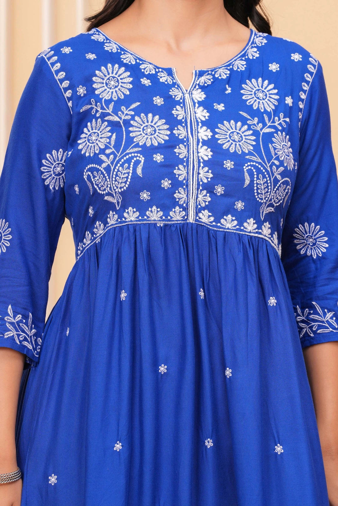 Embroidered Cotton Suit Set - Royal Blue with White Floral Work