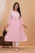 Light pink cotton anarkali kurta with white hand embroidery featuring floral patterns, paired with white pants