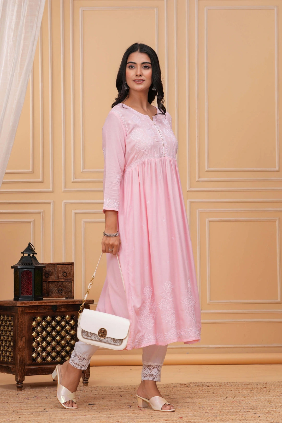 Embroidered Cotton Anarkali Kurta - Aqua Blue Floral Design