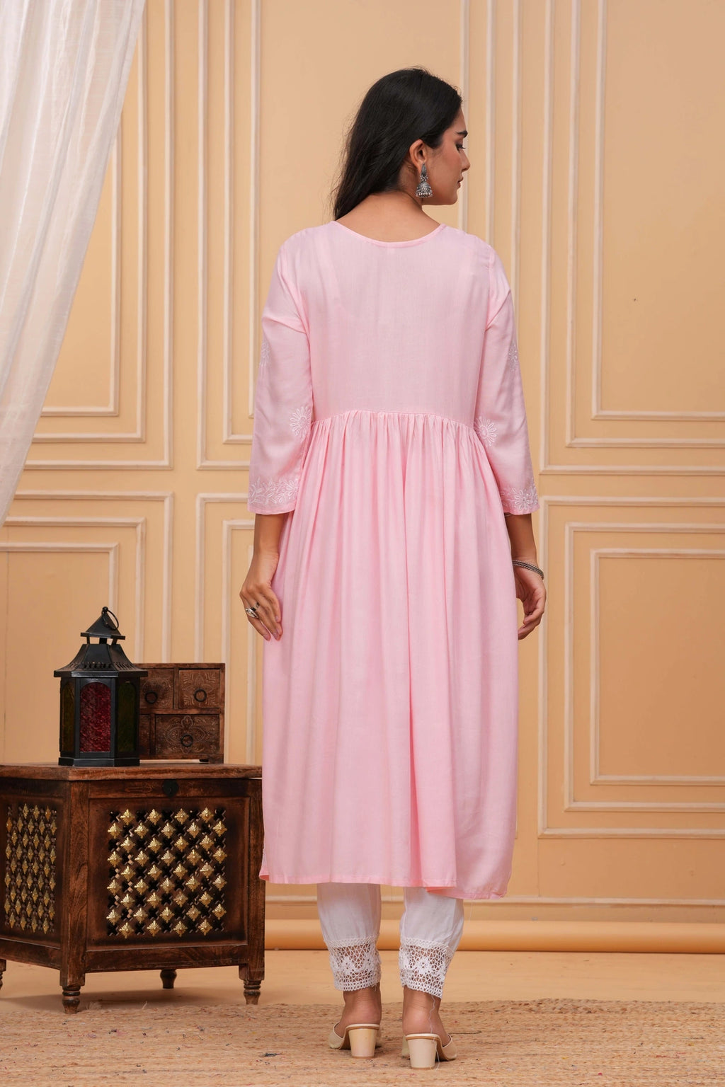 Embroidered Cotton Anarkali Kurta - Aqua Blue Floral Design