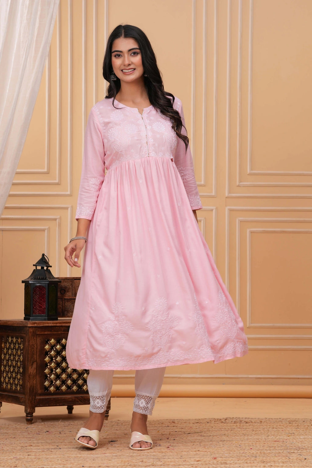 Embroidered Cotton Anarkali Kurta - Aqua Blue Floral Design