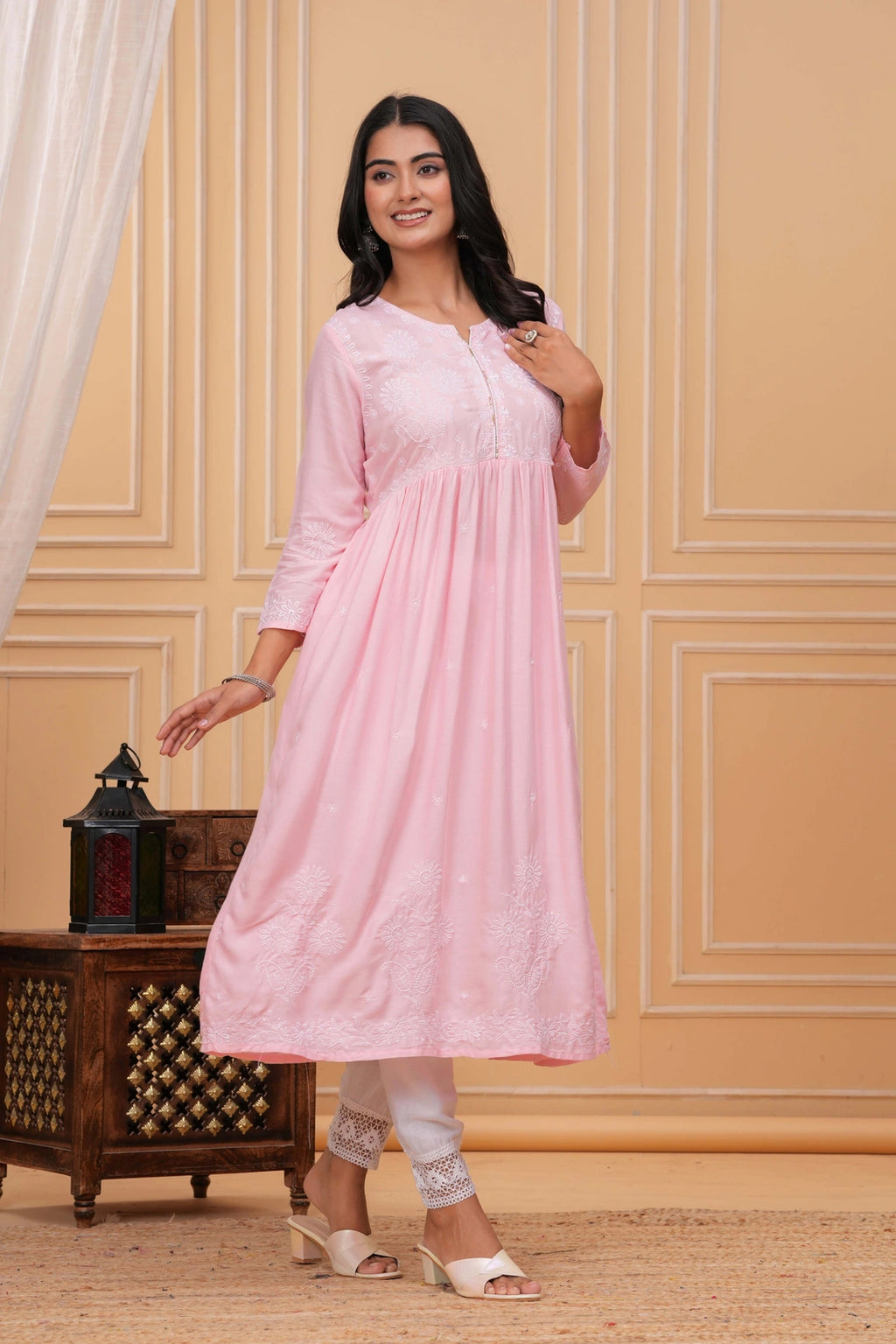 Embroidered Cotton Anarkali Kurta - Aqua Blue Floral Design