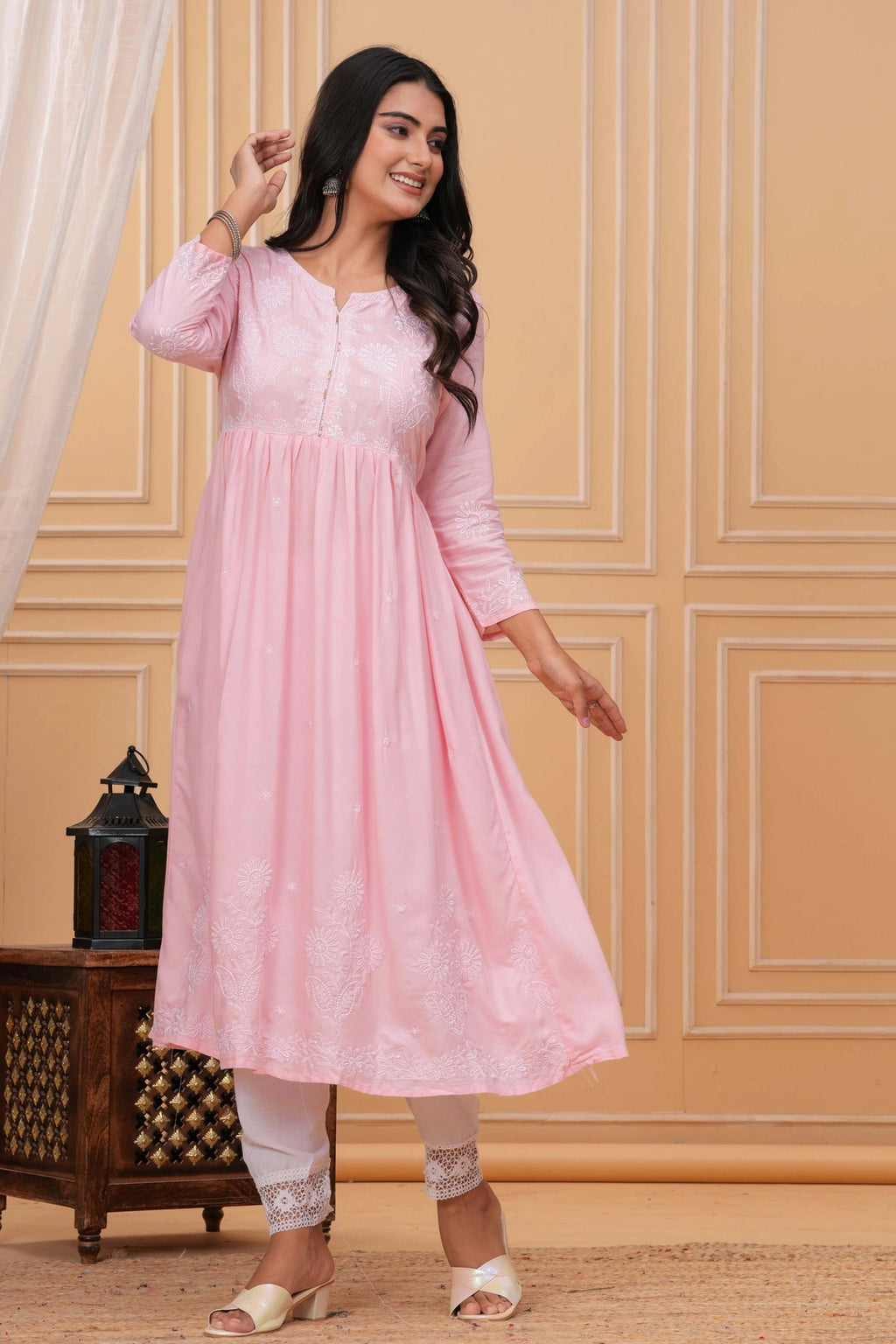 Embroidered Cotton Anarkali Kurta - Aqua Blue Floral Design