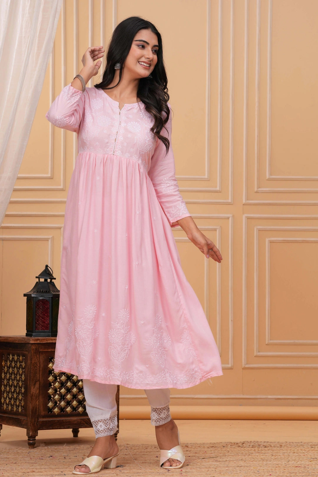 Embroidered Cotton Anarkali Kurta - Aqua Blue Floral Design