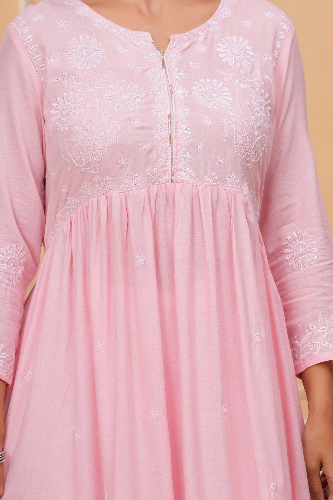 Embroidered Cotton Anarkali Kurta - Aqua Blue Floral Design