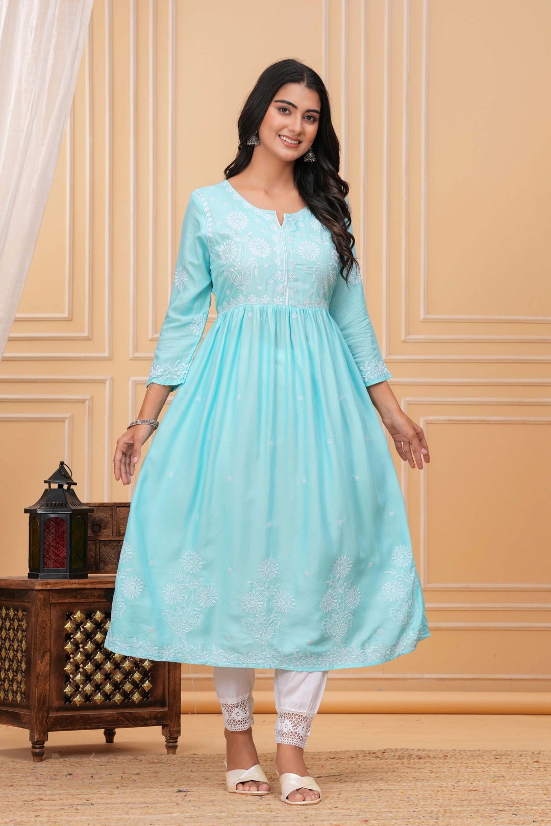 Aqua blue cotton Anarkali kurta with white floral embroidery