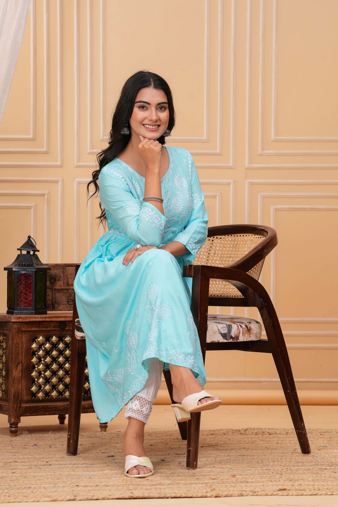 Embroidered Cotton Anarkali Kurta - Aqua Blue Floral Design