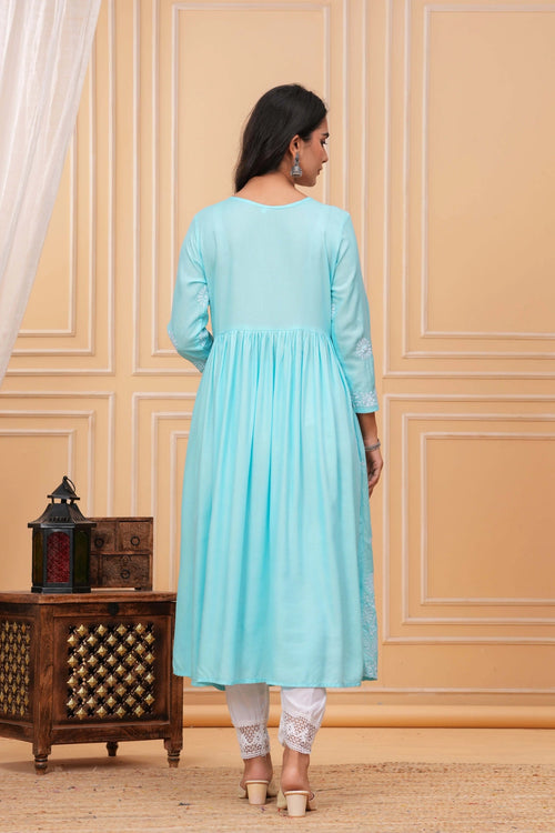 Embroidered Cotton Anarkali Kurta - Aqua Blue Floral Design