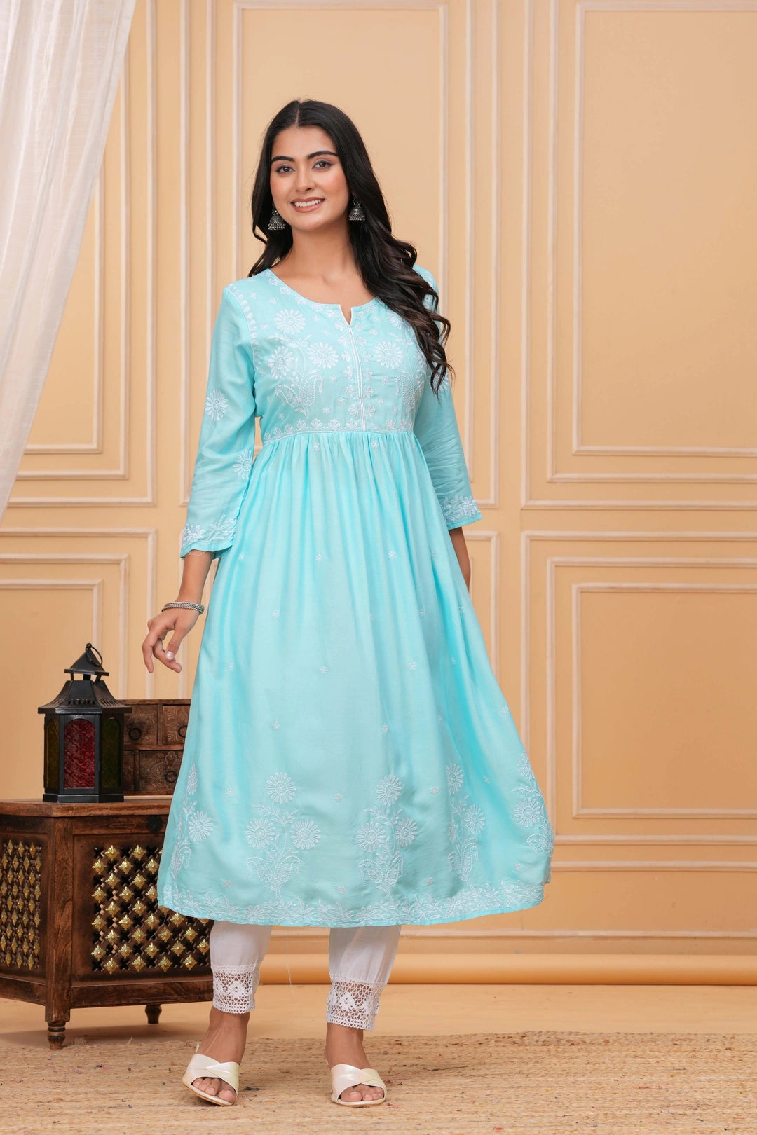 Embroidered Cotton Anarkali Kurta - Aqua Blue Floral Design