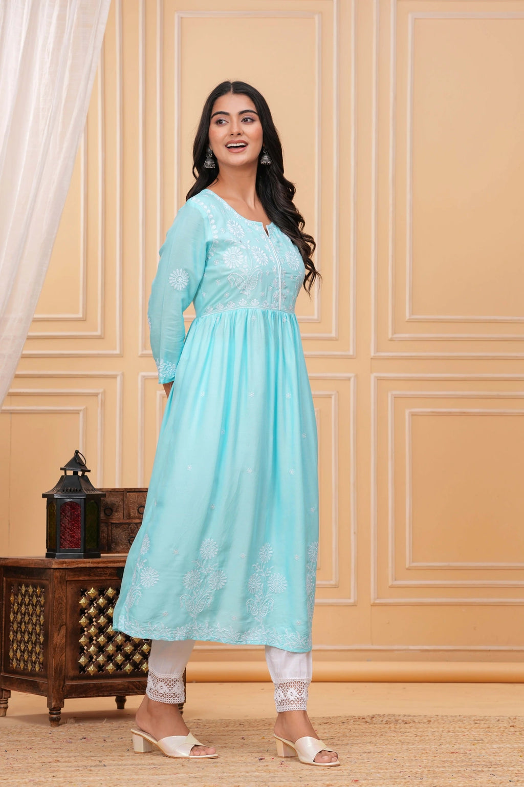 Embroidered Cotton Anarkali Kurta - Aqua Blue Floral Design