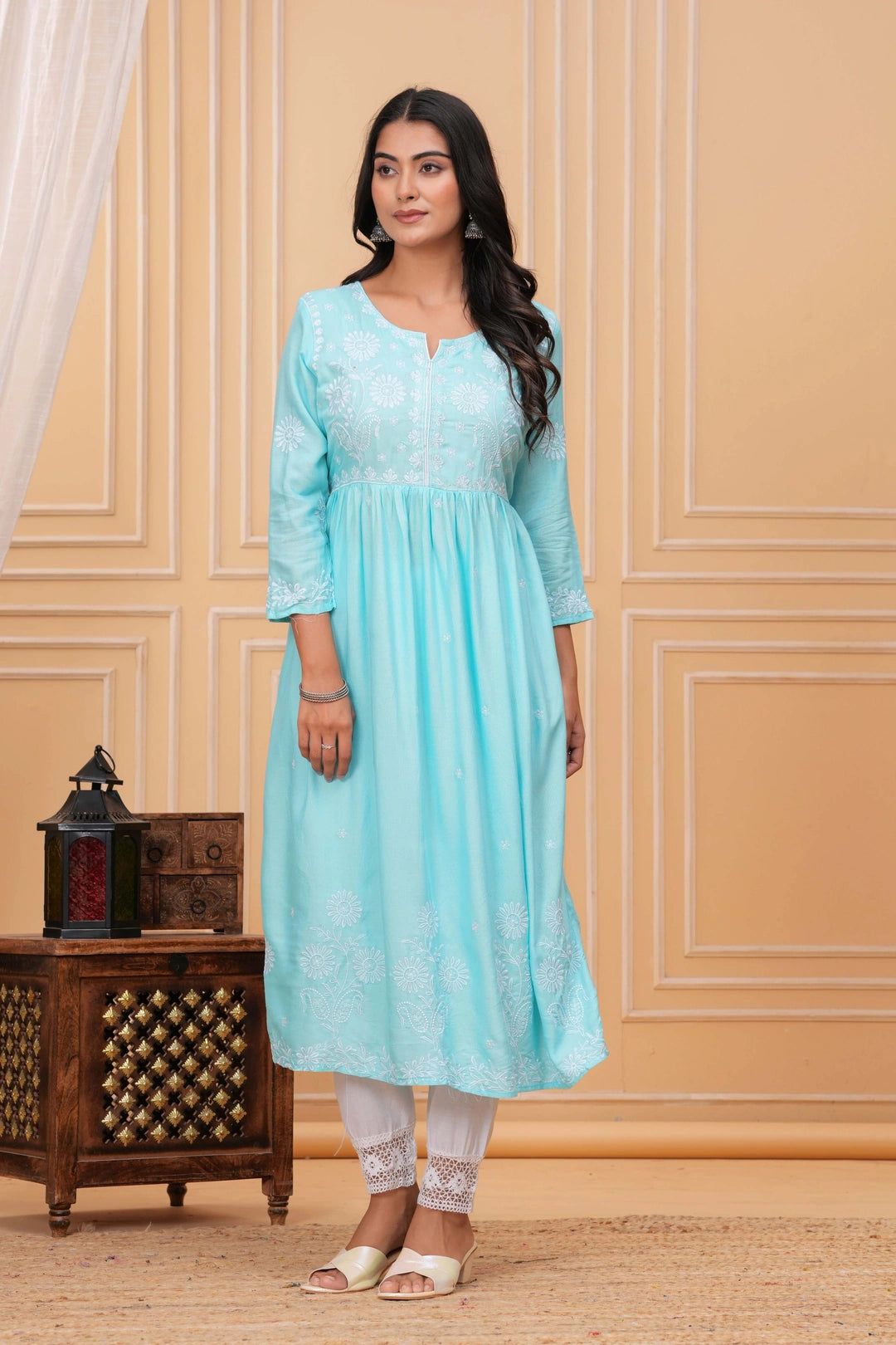 Embroidered Cotton Anarkali Kurta - Aqua Blue Floral Design