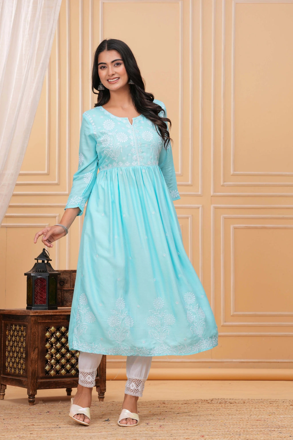 Embroidered Cotton Anarkali Kurta - Aqua Blue Floral Design