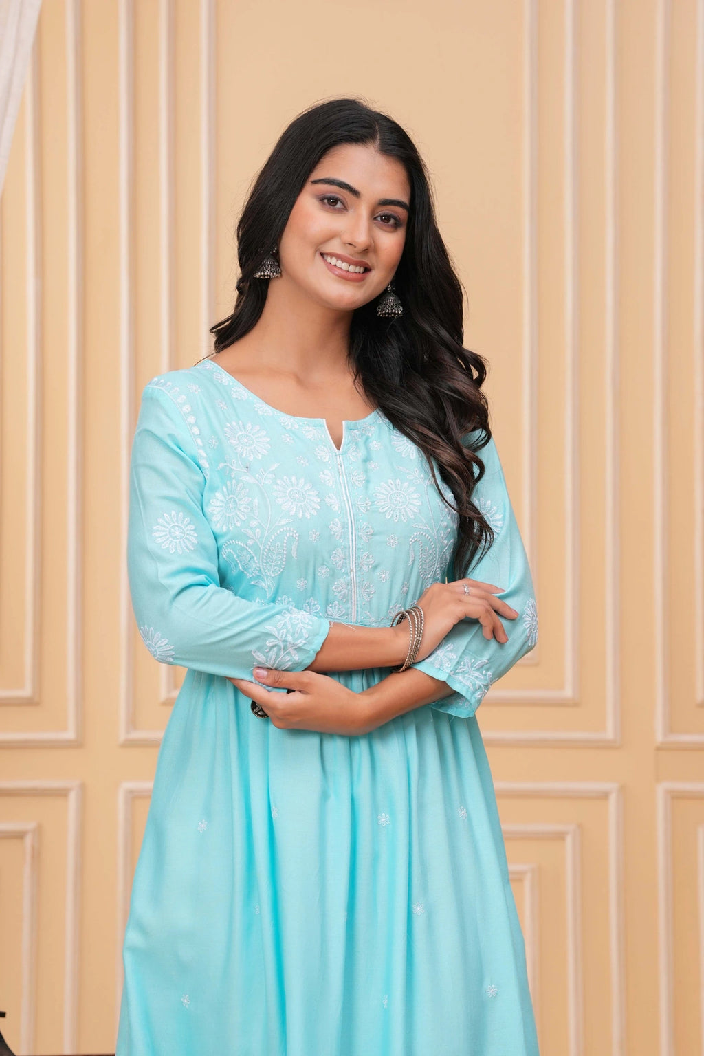 Embroidered Cotton Anarkali Kurta - Aqua Blue Floral Design