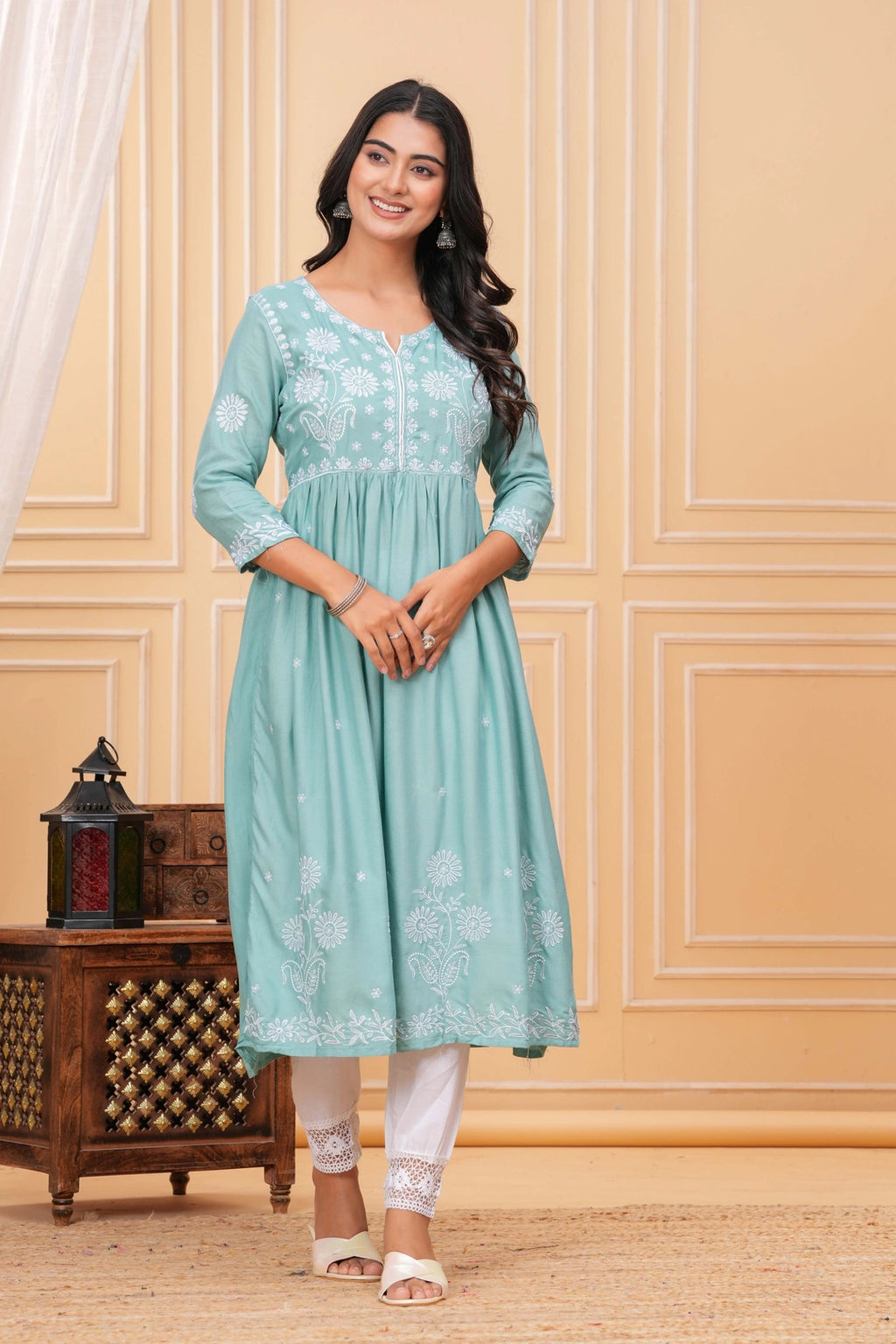 Mint green cotton suit set with white Chikankari floral and paisley embroidery