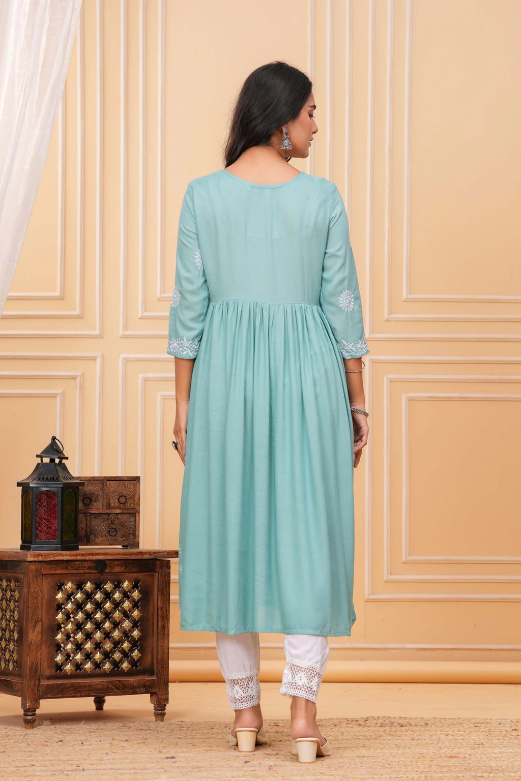 Embroidered Cotton Suit Set - Mint Green Floral Chikankari