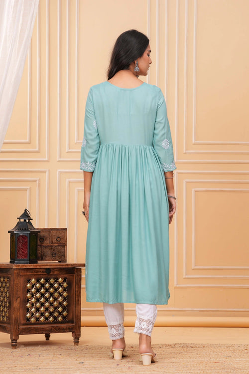 Embroidered Cotton Suit Set - Mint Green Floral Chikankari