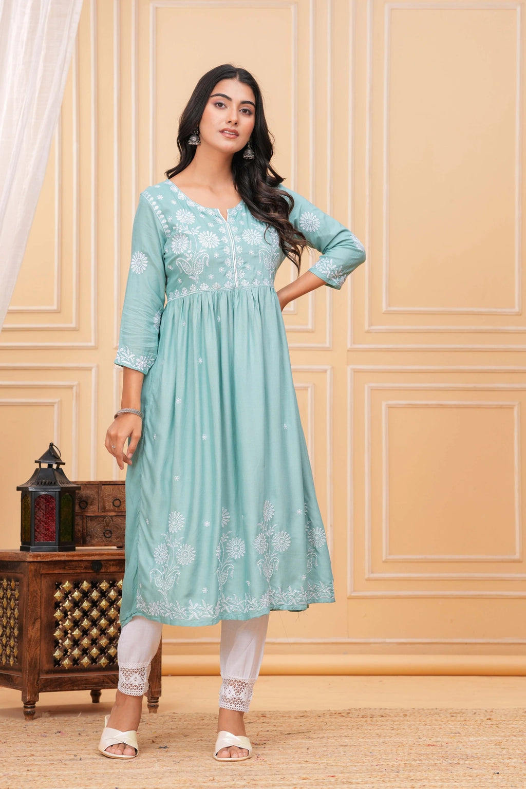 Embroidered Cotton Suit Set - Mint Green Floral Chikankari