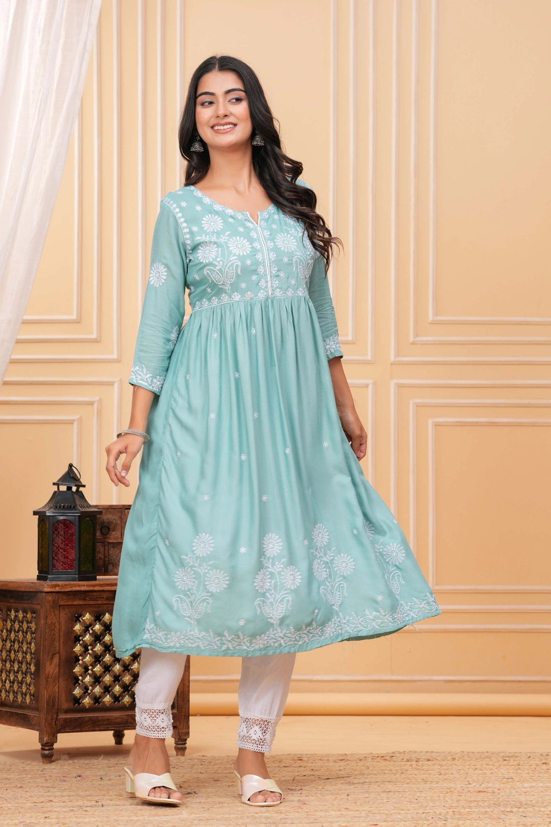 Embroidered Cotton Suit Set - Mint Green Floral Chikankari