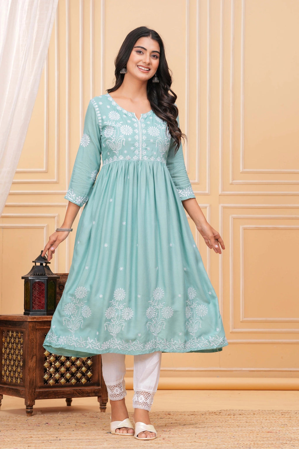 Embroidered Cotton Suit Set - Mint Green Floral Chikankari