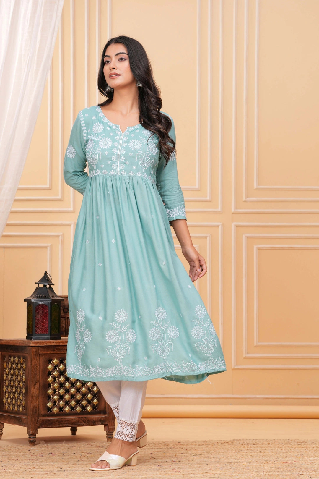 Embroidered Cotton Suit Set - Mint Green Floral Chikankari