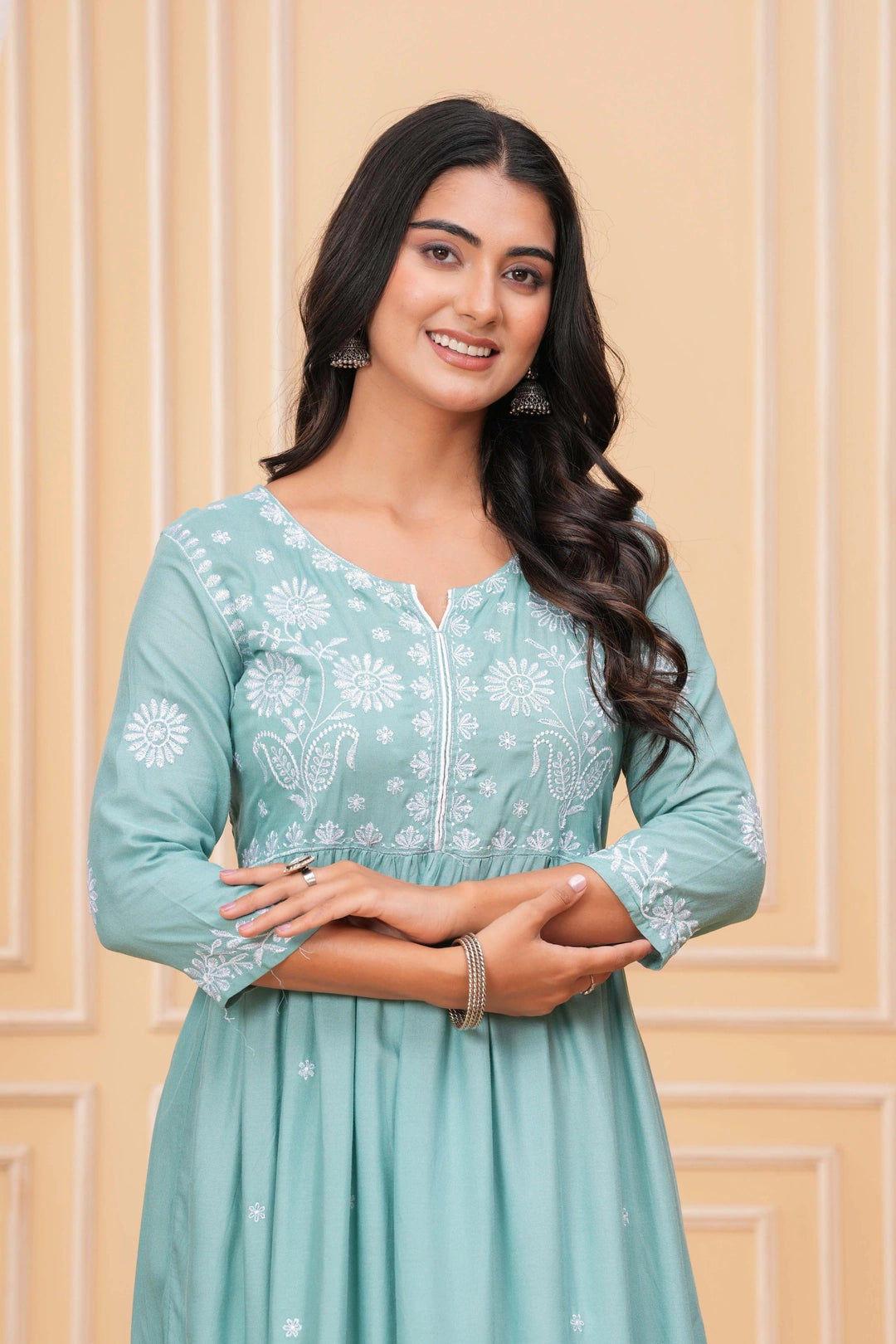 Embroidered Cotton Suit Set - Mint Green Floral Chikankari