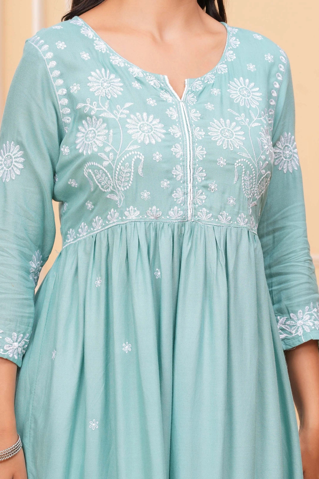 Embroidered Cotton Suit Set - Mint Green Floral Chikankari