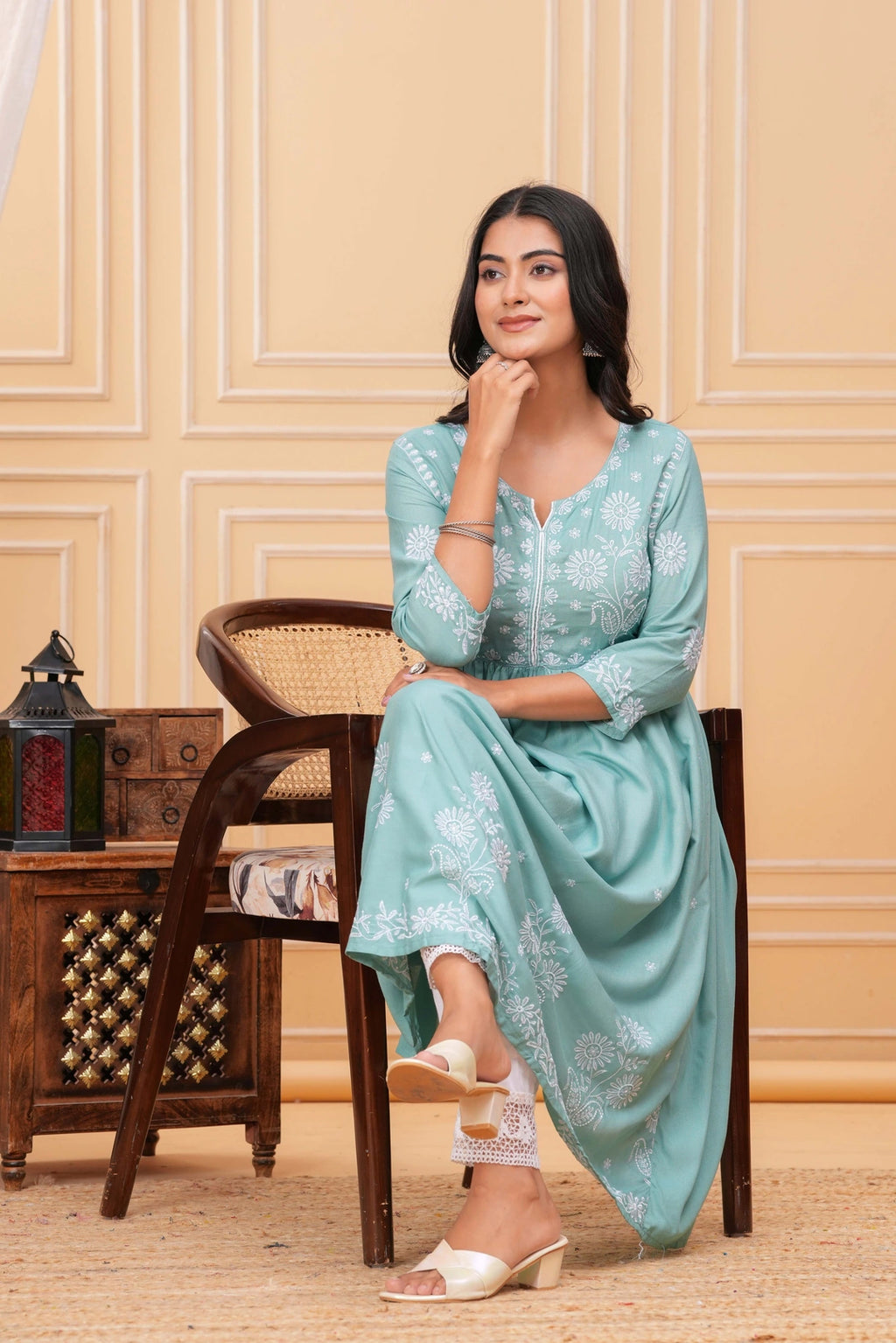 Embroidered Cotton Suit Set - Mint Green Floral Chikankari