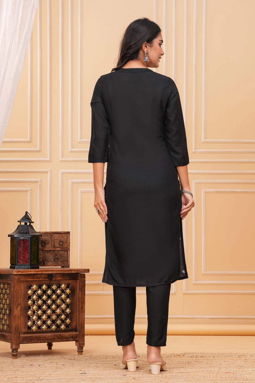 Embroidered Rayon Blend Suit Set - Black Elegance with White Threadwork