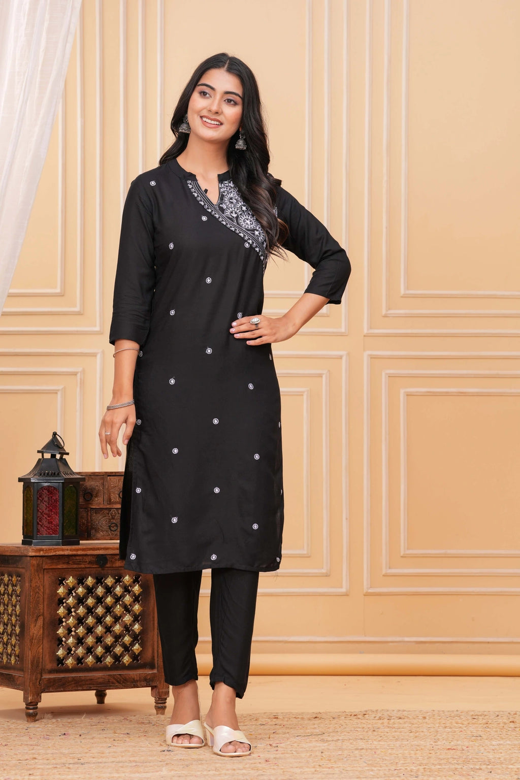 Embroidered Rayon Blend Suit Set - Black Elegance with White Threadwork