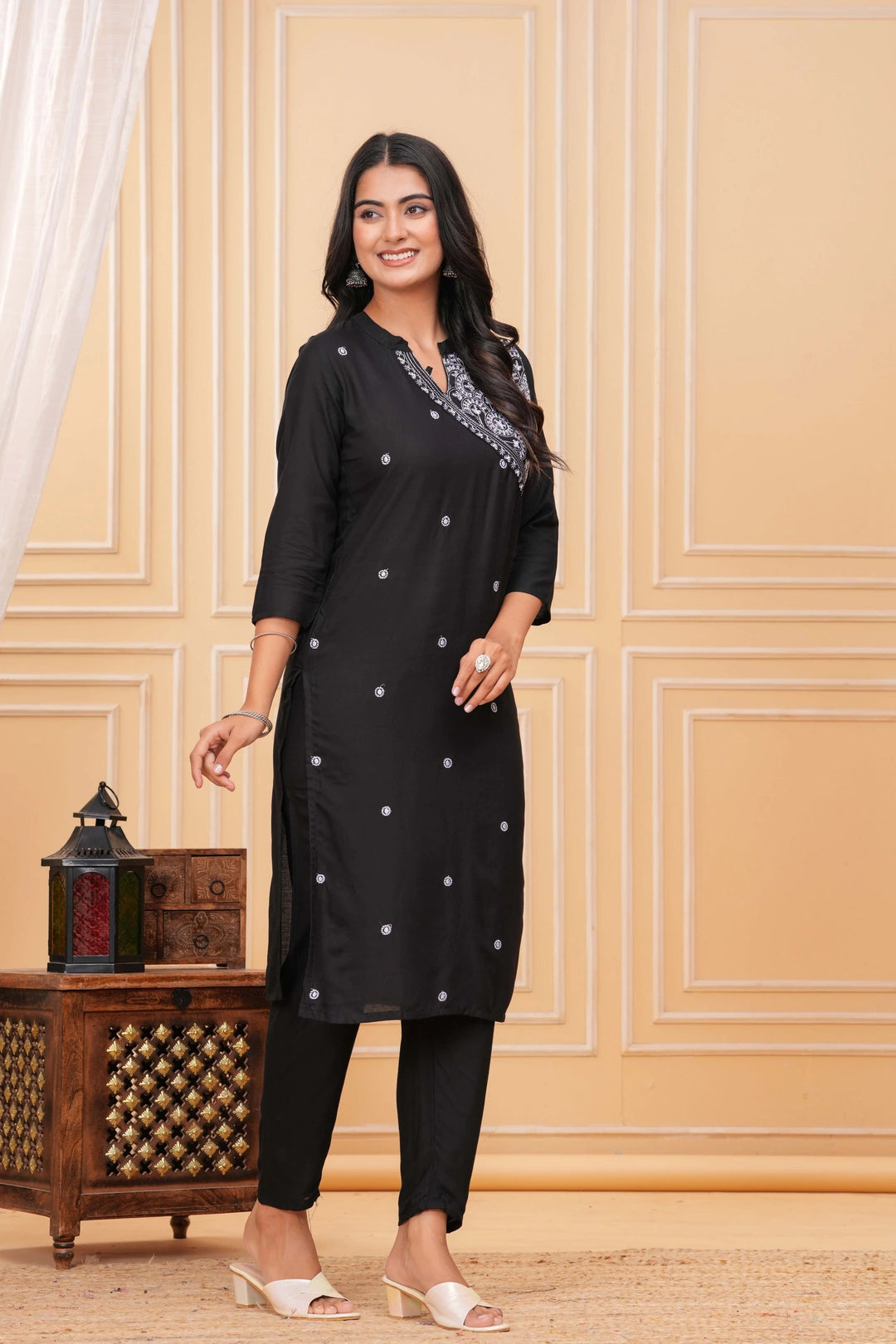 Embroidered Rayon Blend Suit Set - Black Elegance with White Threadwork