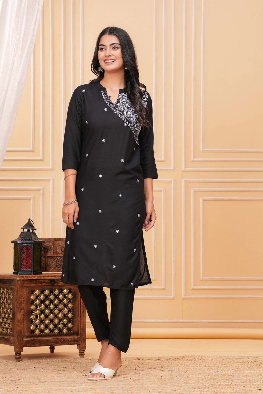 Embroidered Rayon Blend Suit Set - Black Elegance with White Threadwork