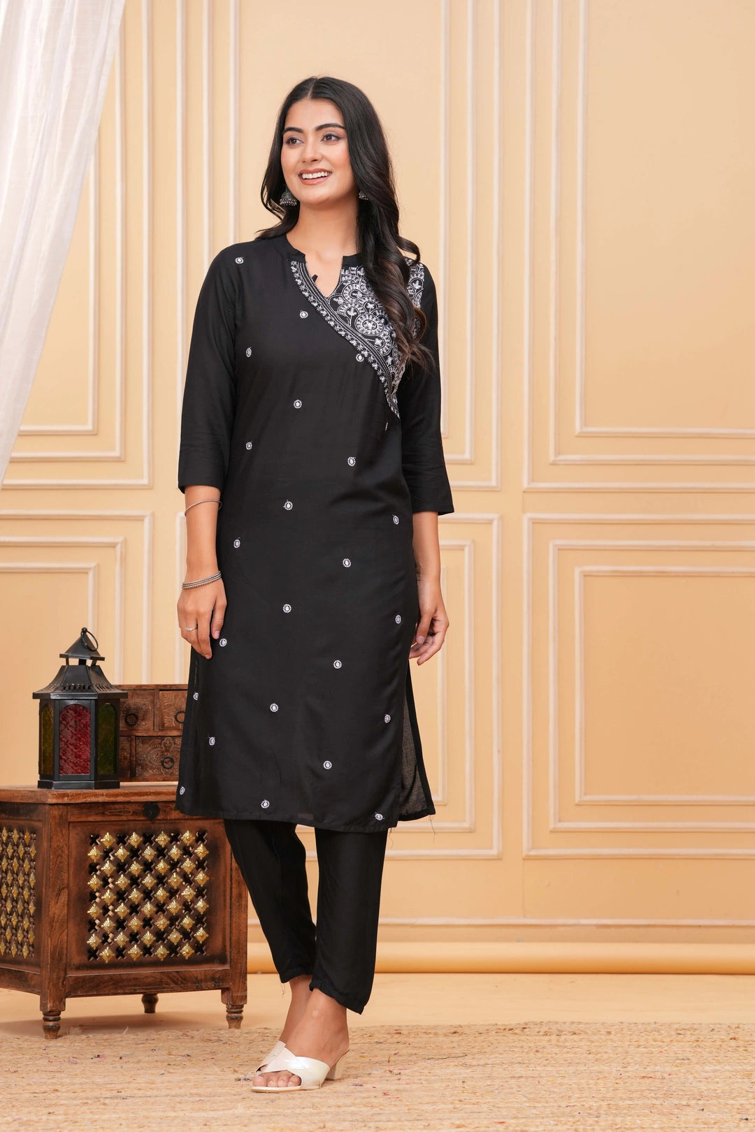 Embroidered Rayon Blend Suit Set - Black Elegance with White Threadwork