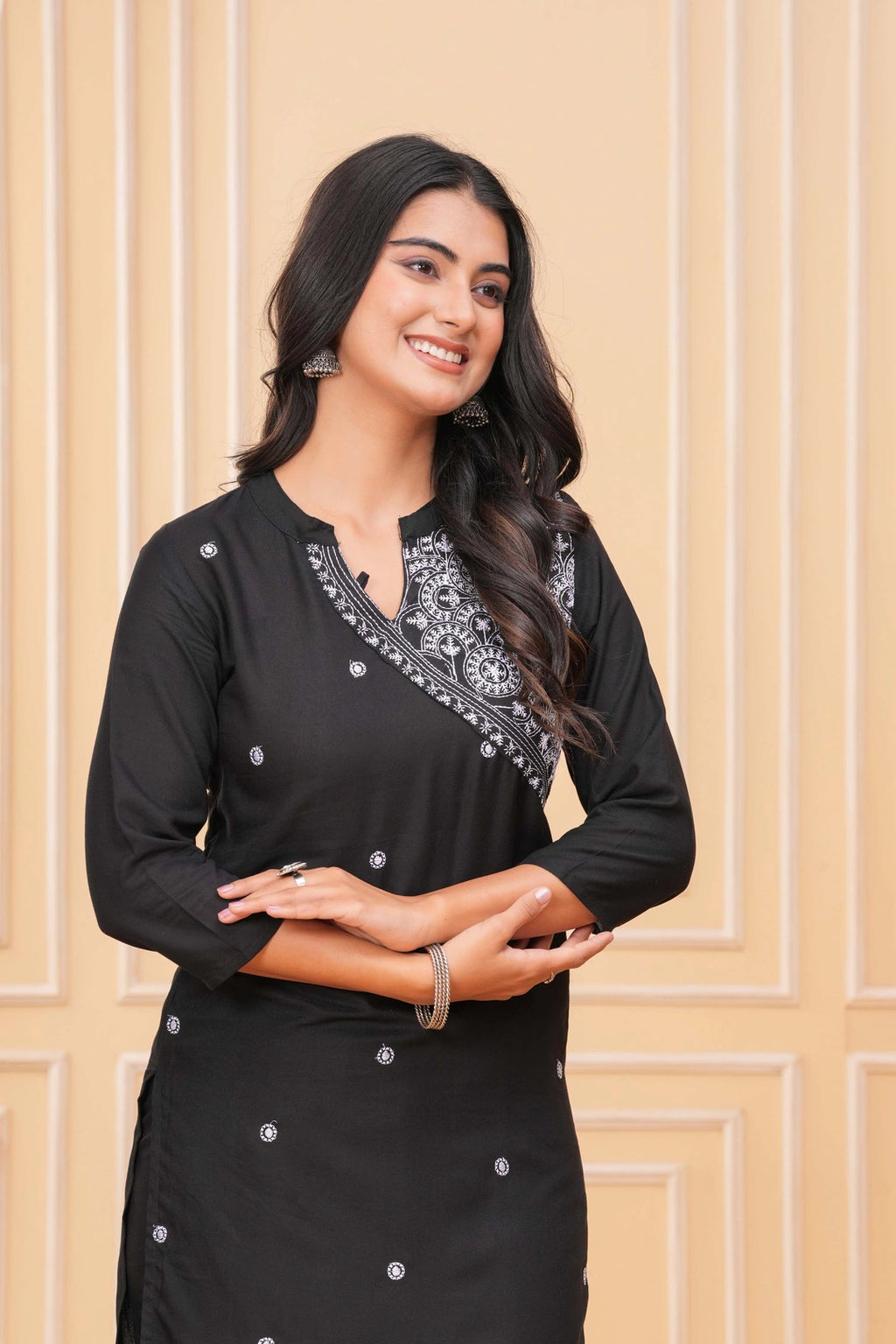 Embroidered Rayon Blend Suit Set - Black Elegance with White Threadwork