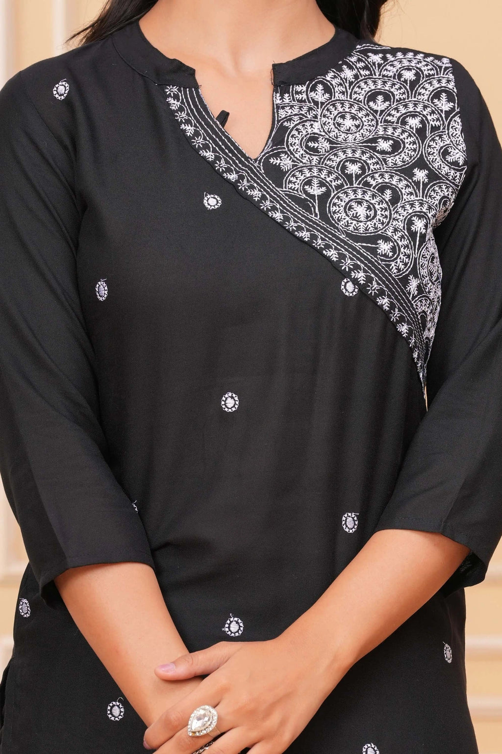 Embroidered Rayon Blend Suit Set - Black Elegance with White Threadwork