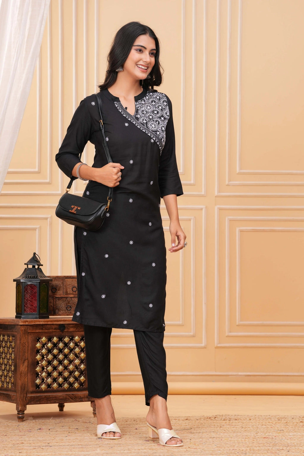 Embroidered Rayon Blend Suit Set - Black Elegance with White Threadwork
